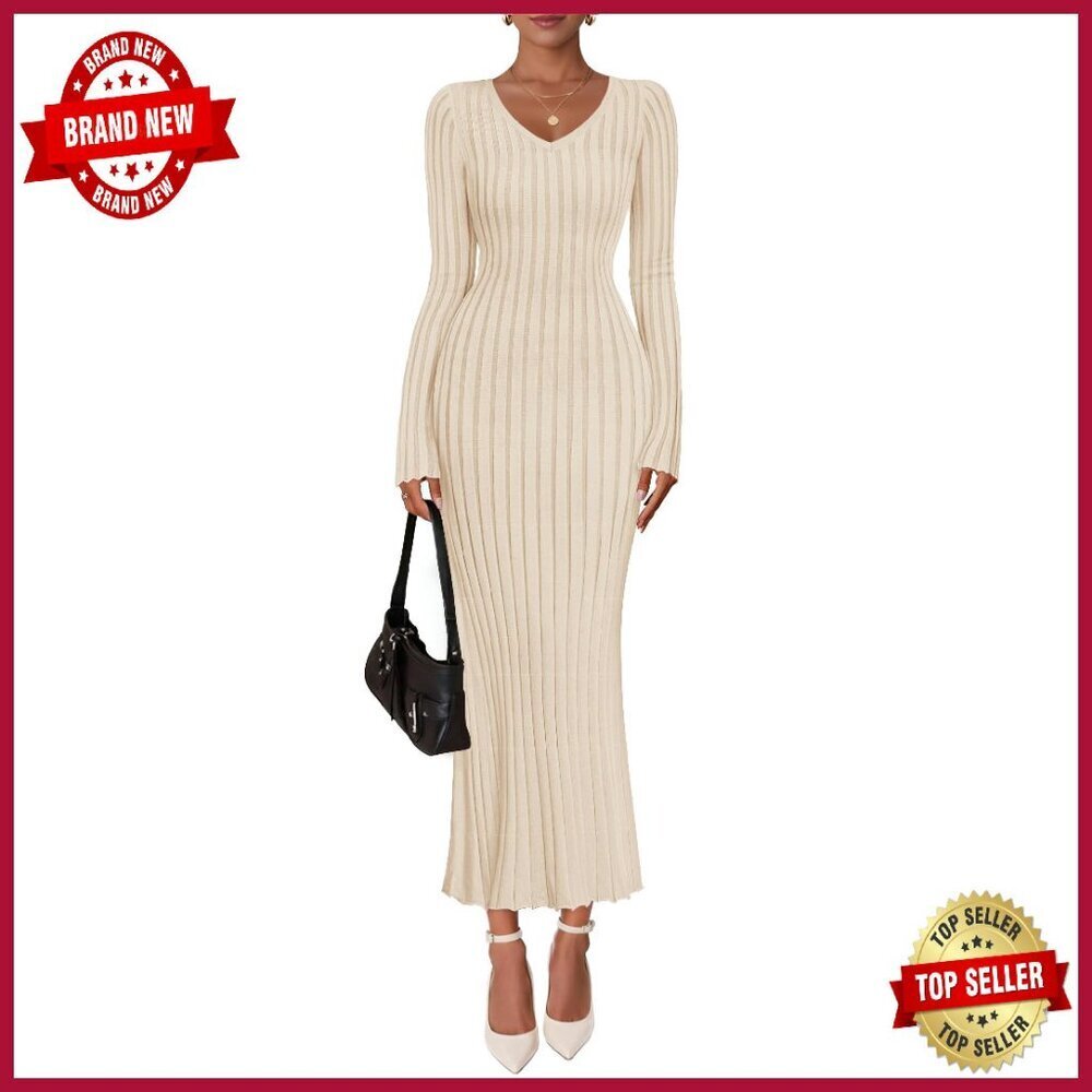 Long Sleeve V Neck Ribbed Knit Bodycon Sweater Dress Maxi
